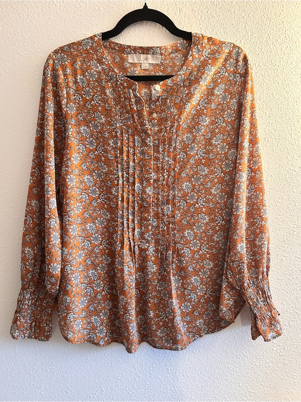 LOFT Rust-Orange Floral Pintuck Button-Front Blouse
